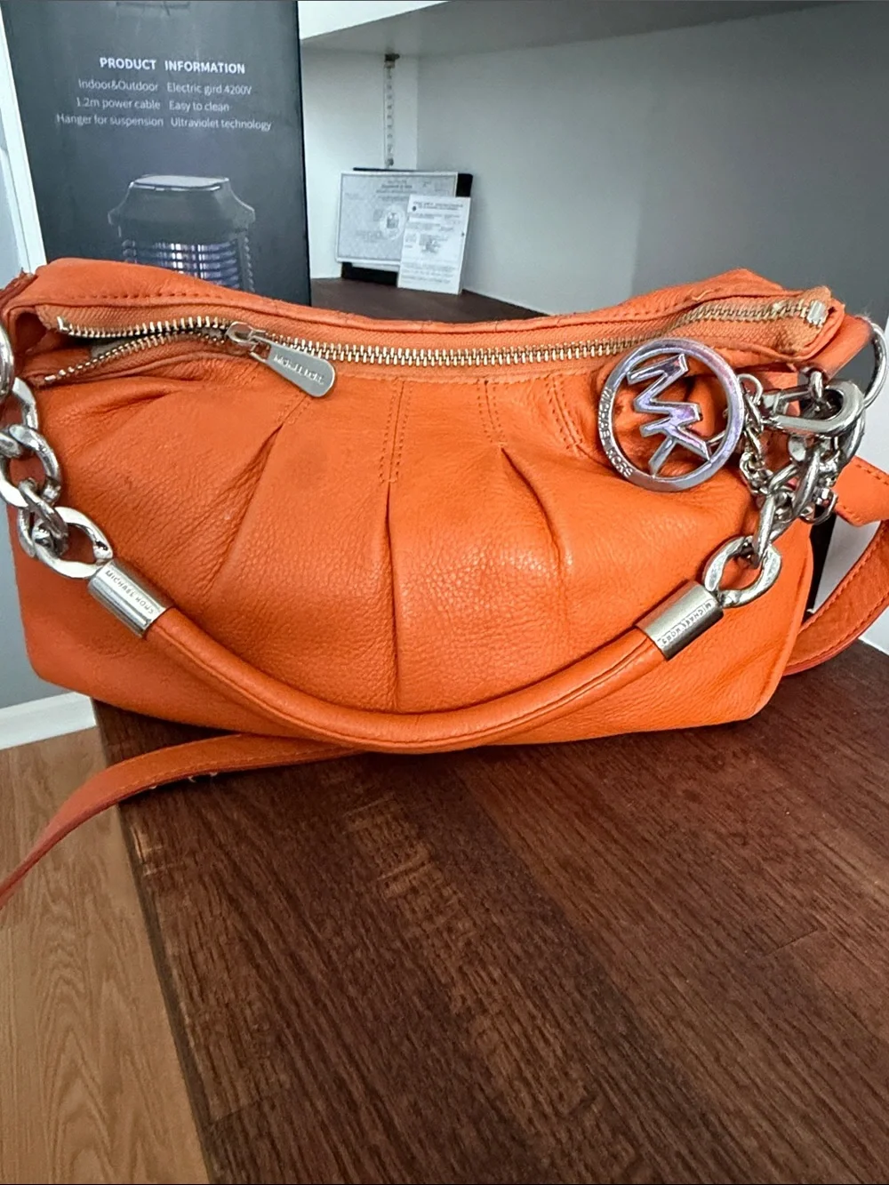 Michael Kors Vibrant Orange Leather Shoulder Bag with Silver MK Charm